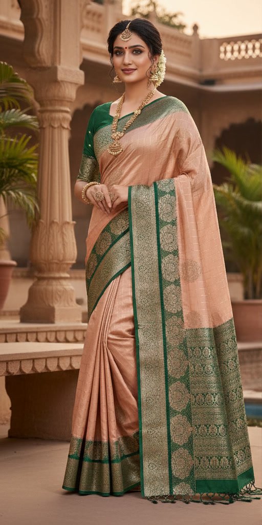 Traditional Peach and Green Designer Silk Saree
